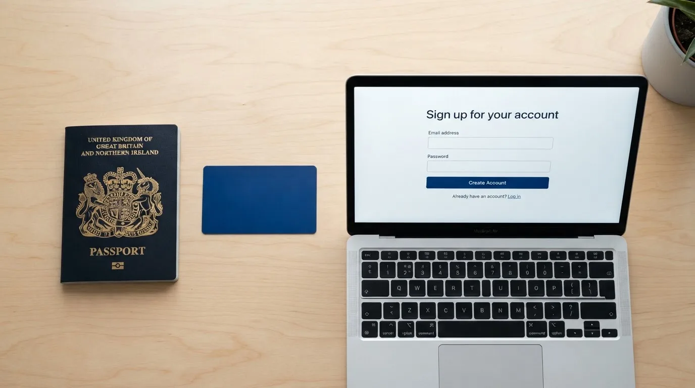 A UK passport and a bank card resting beside a laptop showing an account sign-up screen.