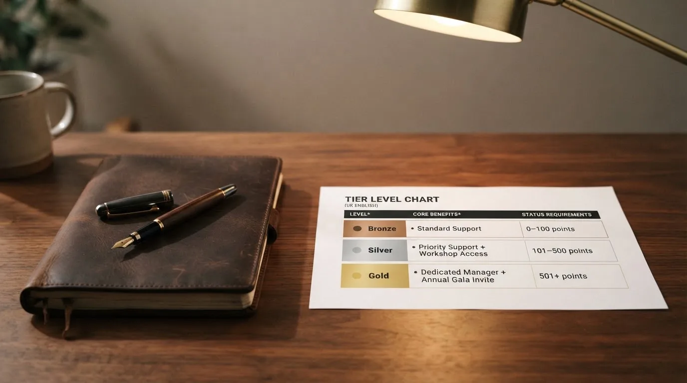 A desk with a printed loyalty-tier chart, a fountain pen, and a closed leather notebook.