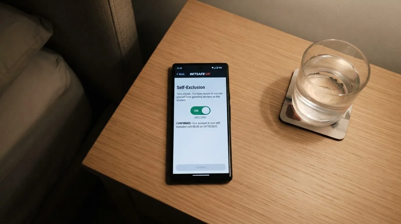 A phone displaying a self-exclusion settings screen next to a glass of water on a bedside table.
