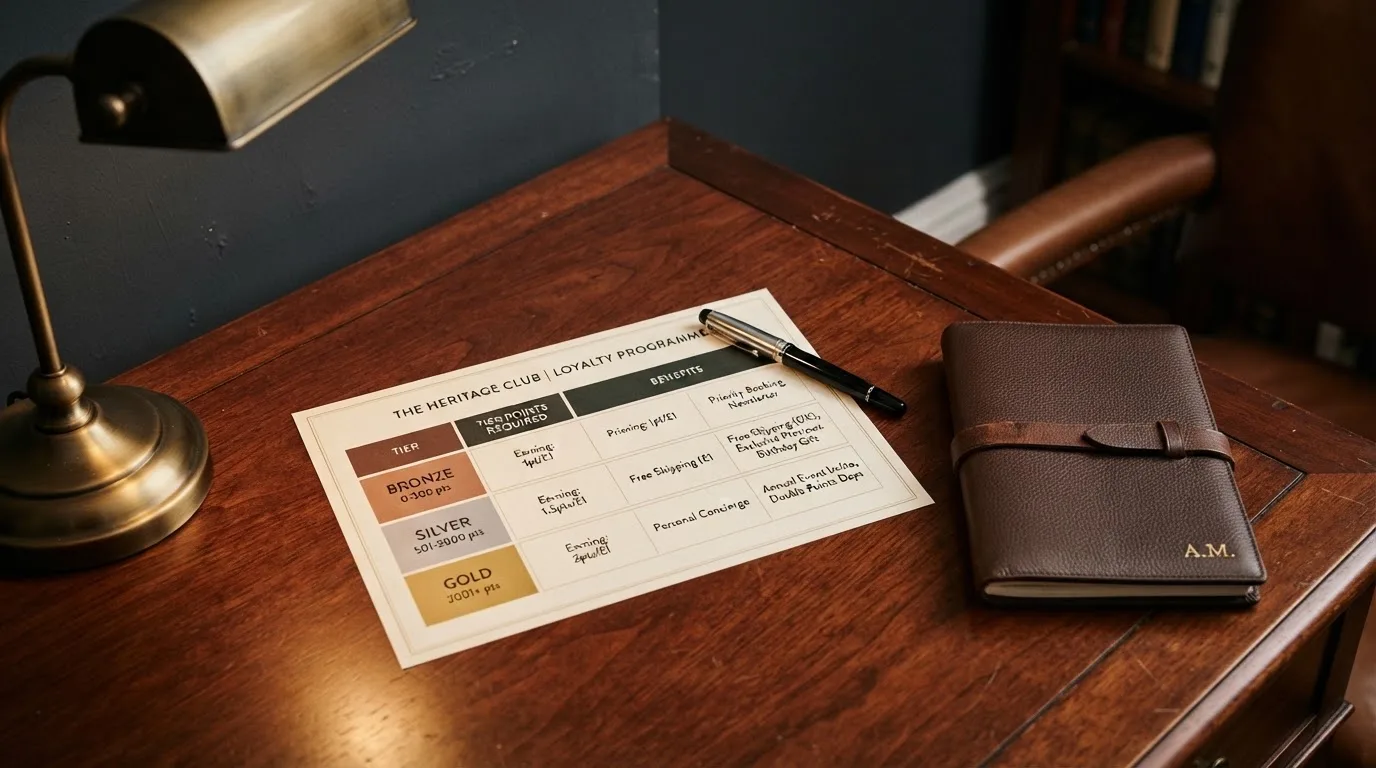 A desk with a printed loyalty-tier chart, a fountain pen, and a closed leather notebook.